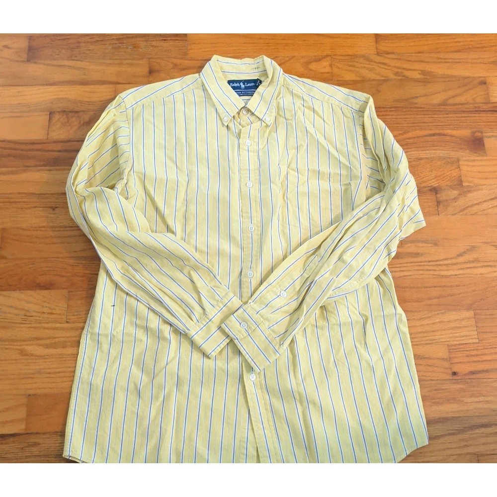Ralph Lauren Mens M Yellow Striped Vintage Button Down 100% Two-Ply Cotton Shirt
